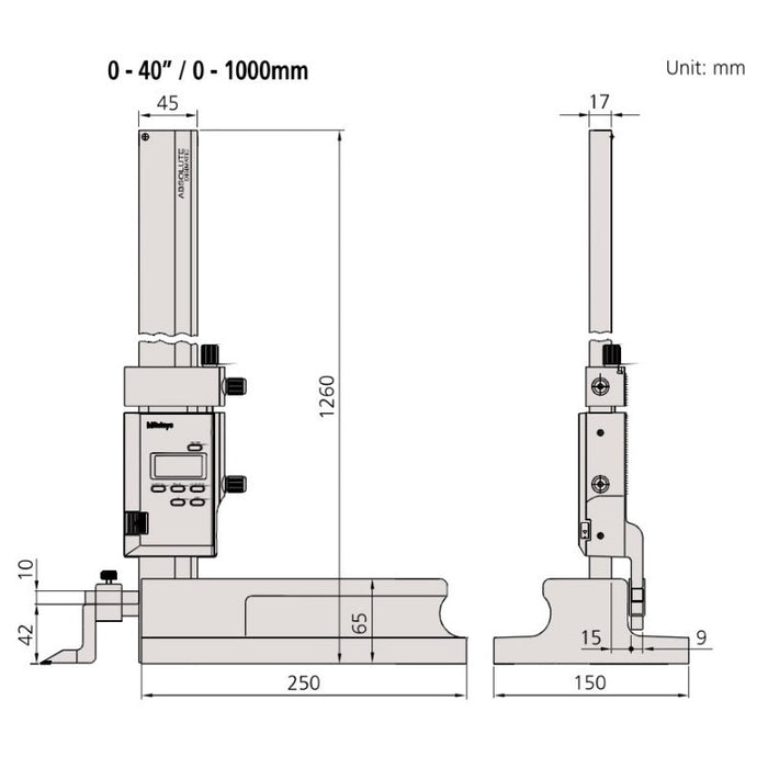 Mitutoyo 570-248 Absolute Digimatic Height Gauge, Range 0-40"/0-1000mm