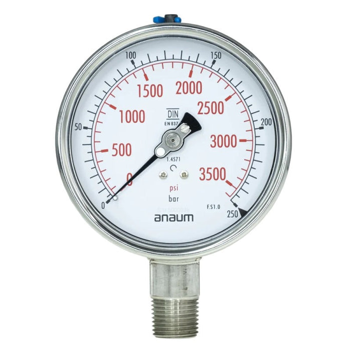 Anaum AN3100 Pressure Gauge, 0~250 Bar, Dial: Ø100mm, 1/2 Inch NPT