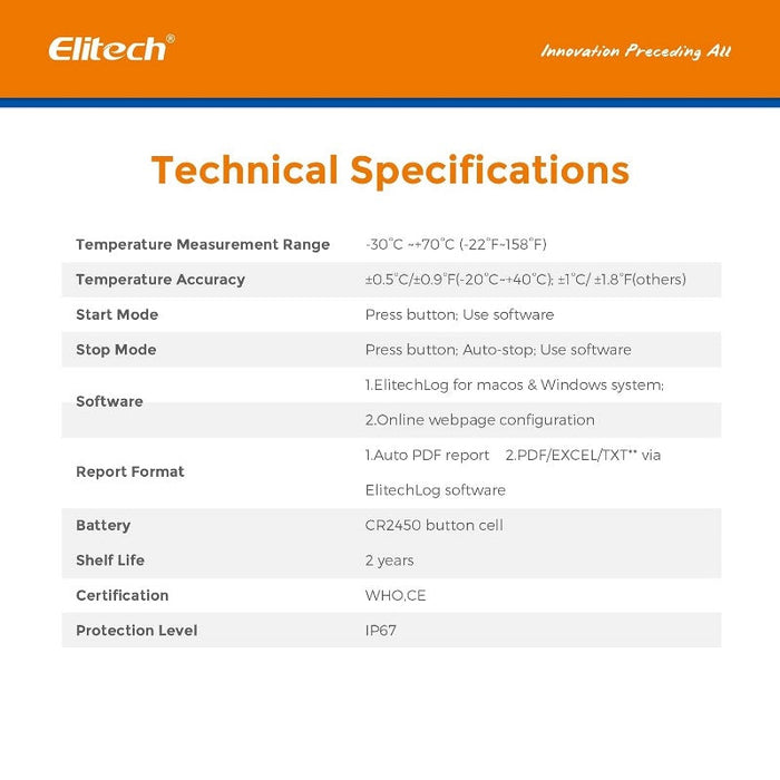 Elitech LogEt 1 Single-Use Temperature Data Logger, Range -30 to 70°C