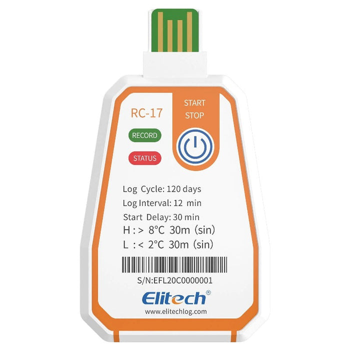 Elitech RC-17 Single-Use Temperature Data Logger, Range -30 to 70°C