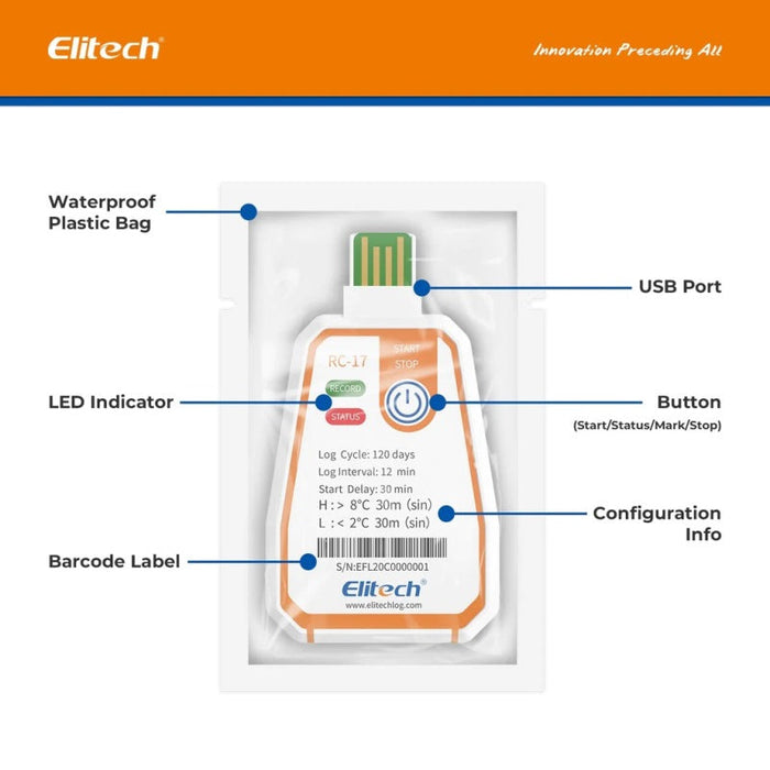 Elitech RC-17 Single-Use Temperature Data Logger, Range -30 to 70°C