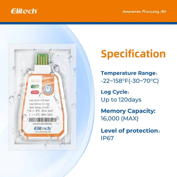 Elitech RC-17 Single-Use Temperature Data Logger, Range -30 to 70°C