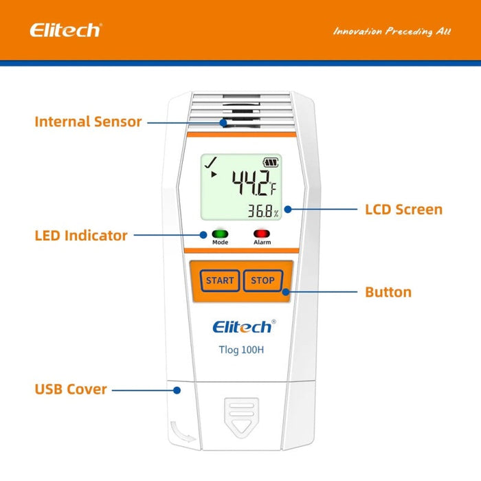 Elitech Tlog 100H Reusable Temperature and Humidity Data Logger, Range -30 to 70°C