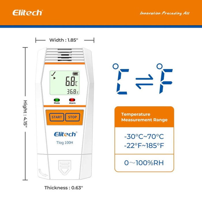 Elitech Tlog 100H Reusable Temperature and Humidity Data Logger, Range -30 to 70°C